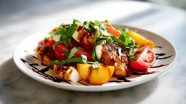 Peach Caprese Chicken with Balsamic Glaze on a rustic wooden board with fresh basil