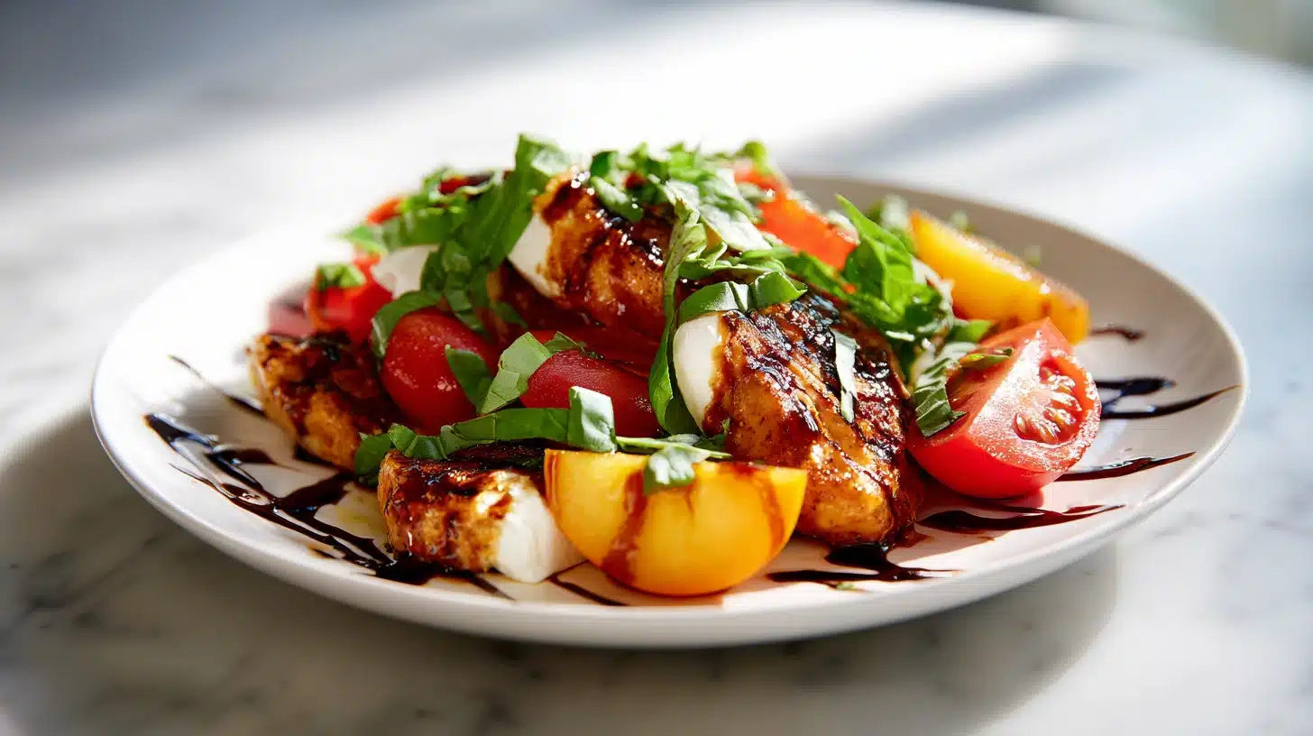Peach Caprese Chicken with Balsamic Glaze (Ready in 35 Minutes) 24 Peach Caprese Chicken with Balsamic Glaze on a rustic wooden board with fresh basil