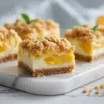 Peach cobbler cheesecake bars sliced in pan showing golden crumble and cream layer