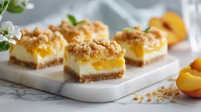 Peach cobbler cheesecake bars sliced in pan showing golden crumble and cream layer