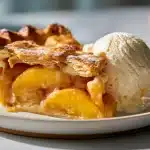 Golden peach cobbler with cakey crust and juicy peach filling in a ceramic baking dish