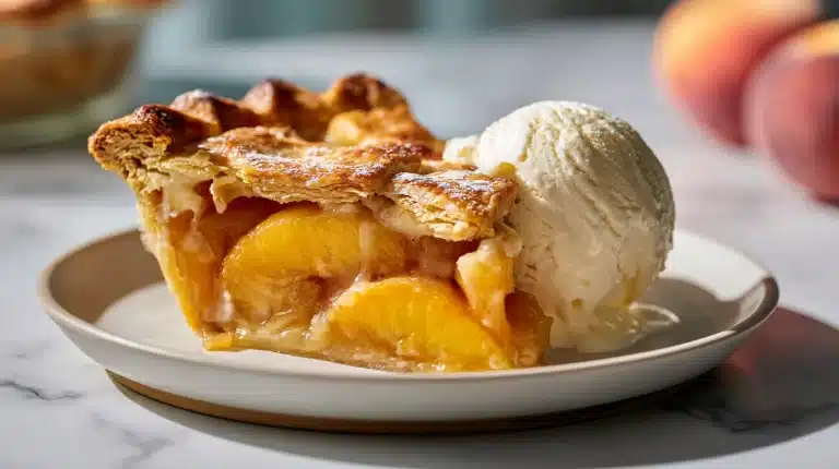 Golden peach cobbler with cakey crust and juicy peach filling in a ceramic baking dish