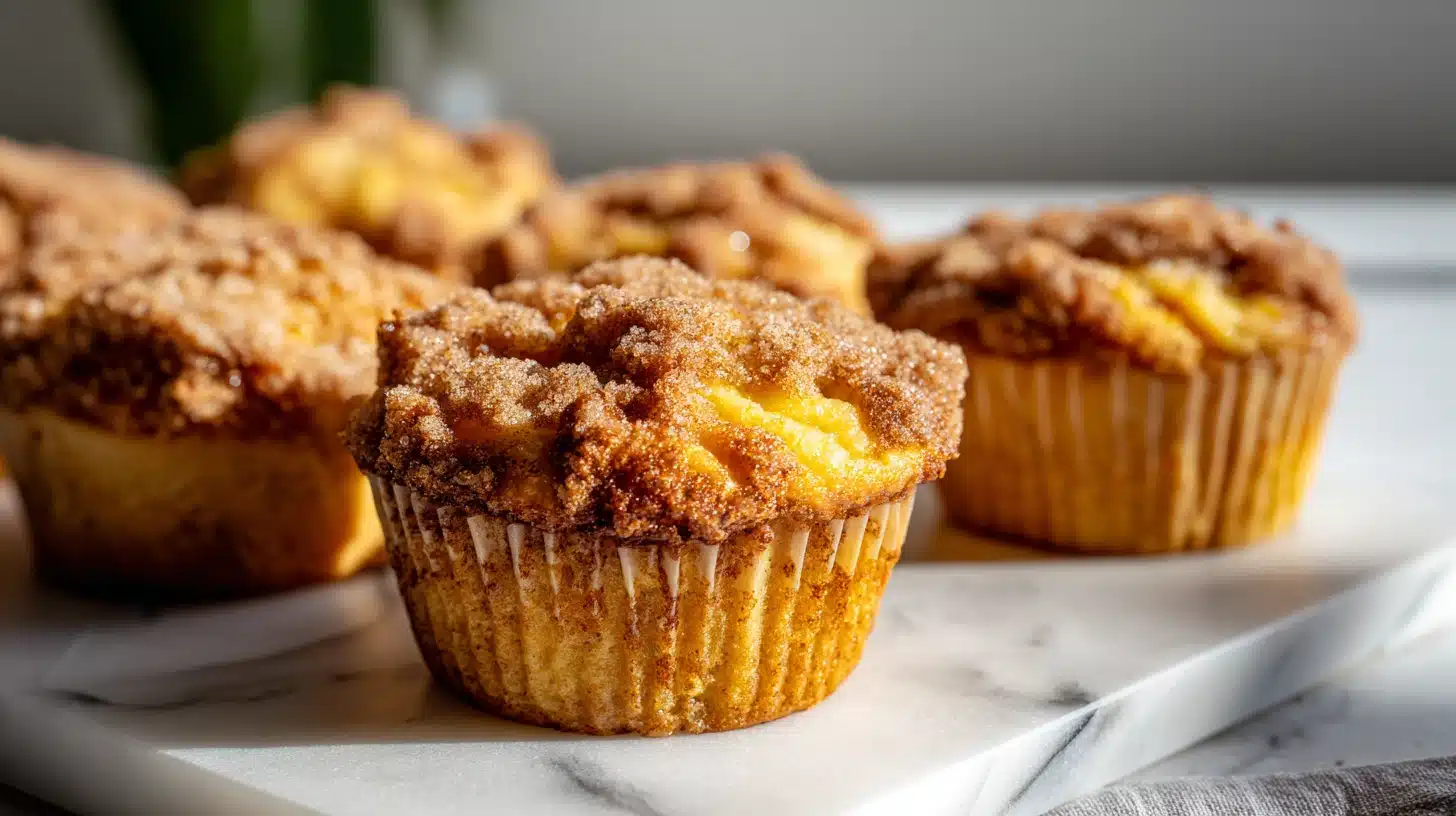 Peach Cobbler Muffins with a Brown Sugar Streusel That Cracks Just Right 31 Golden peach cobbler muffins with crunchy streusel topping on a rustic wooden board