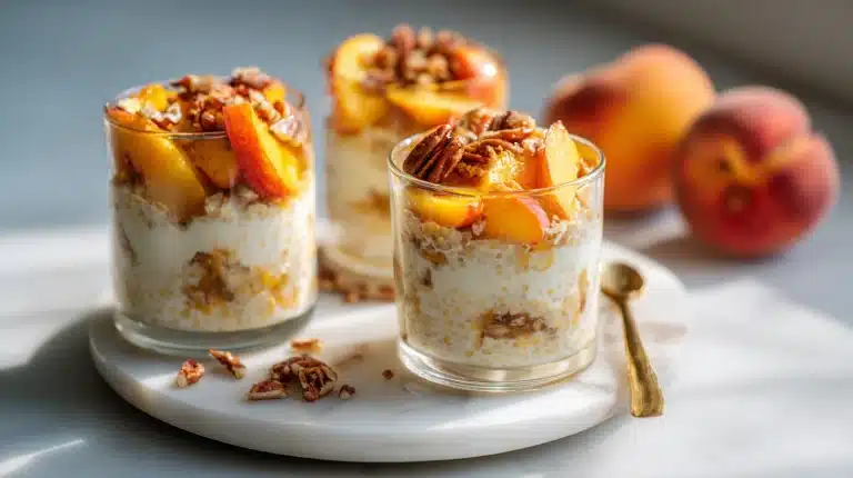 peach cobbler overnight oats recipe in a mason jar with peaches and pecans