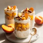 Glass jar filled with creamy peach cobbler overnight oats, topped with golden peach slices, a drizzle of almond butter, crunchy pecans, and a hint of cinnamon on a light marble surface.