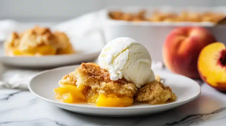 Peach cobbler with cake mix in a white dish with golden crust and vanilla ice cream