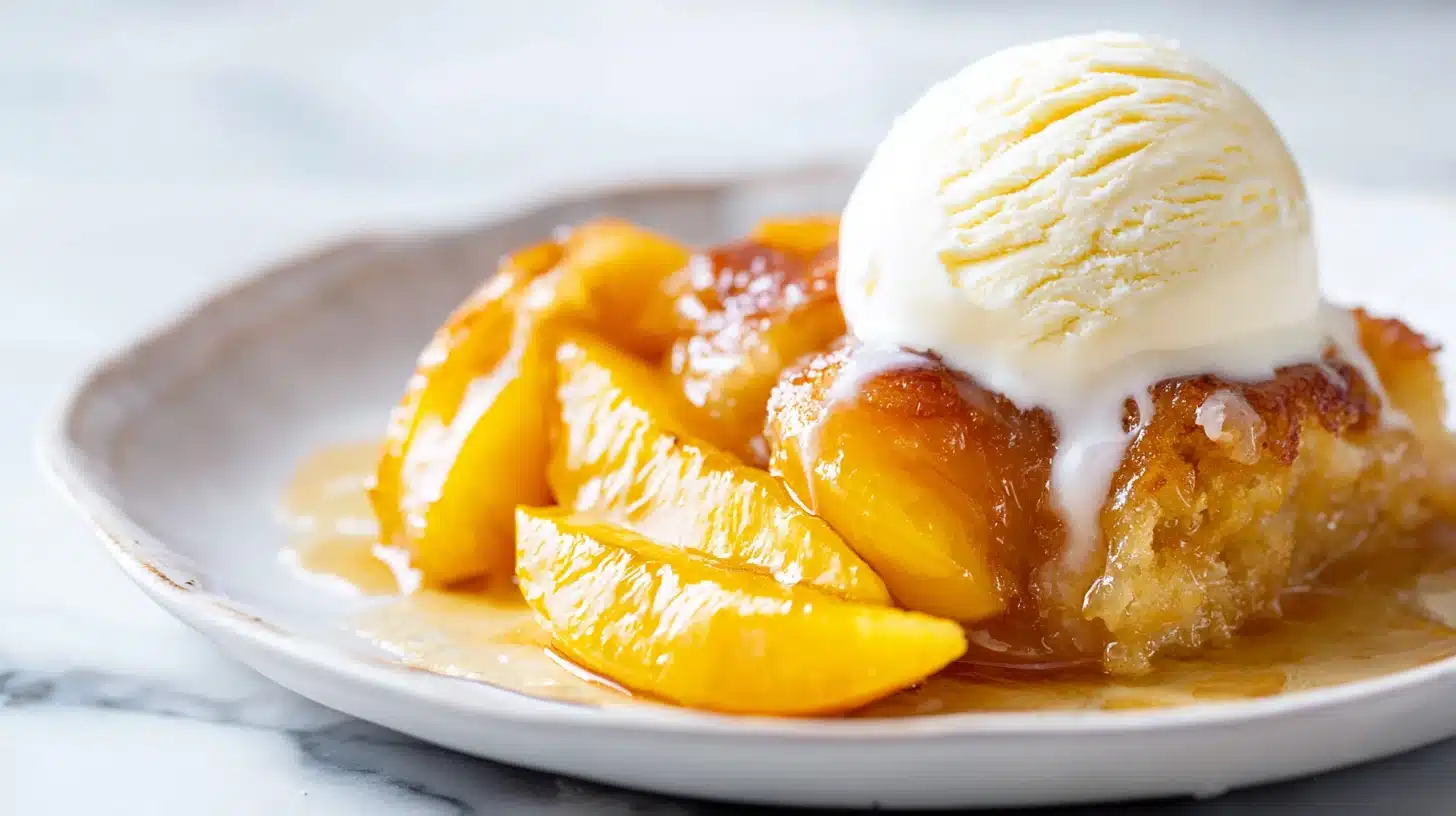 The Best Peach Cobbler with Canned Peaches (No-Stir, Self-Layering Magic) 21 Peach cobbler with canned peaches in a white ceramic dish with golden crust