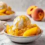 Warm peach cobbler with canned peaches, melting vanilla ice cream, golden caramelized crust, and glistening peach slices in a dish.