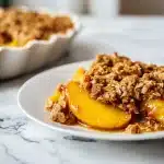 Homemade peach crisp in a baking dish with golden oat crumble topping