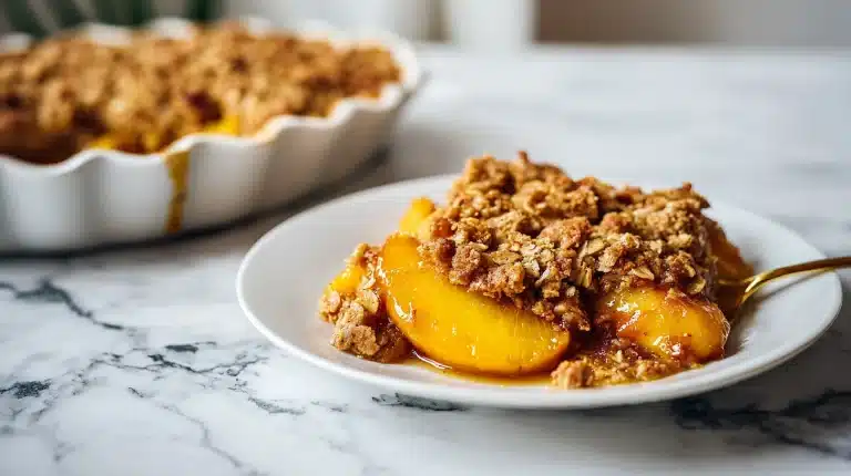 Homemade peach crisp in a baking dish with golden oat crumble topping