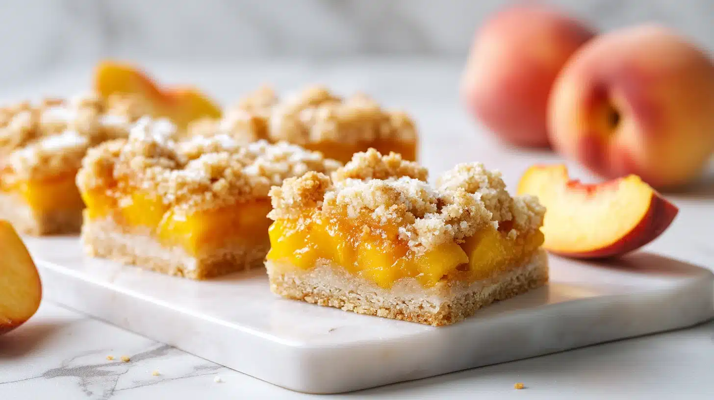Peach Crumb Bars with a Buttery Shortbread Crust 28 Peach crumb bars in a parchment-lined pan with golden crumble topping