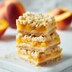 Close-up of golden peach crumb bars on a rustic table, with buttery shortbread crust and juicy peach filling.