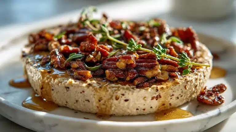 Peach dip recipe in a white ceramic bowl with bacon, pecans, and fresh peach slices