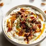Creamy peach dip recipe in a rustic bowl topped with bacon, jalapeño, and pecans, drizzled with honey and served with chips.