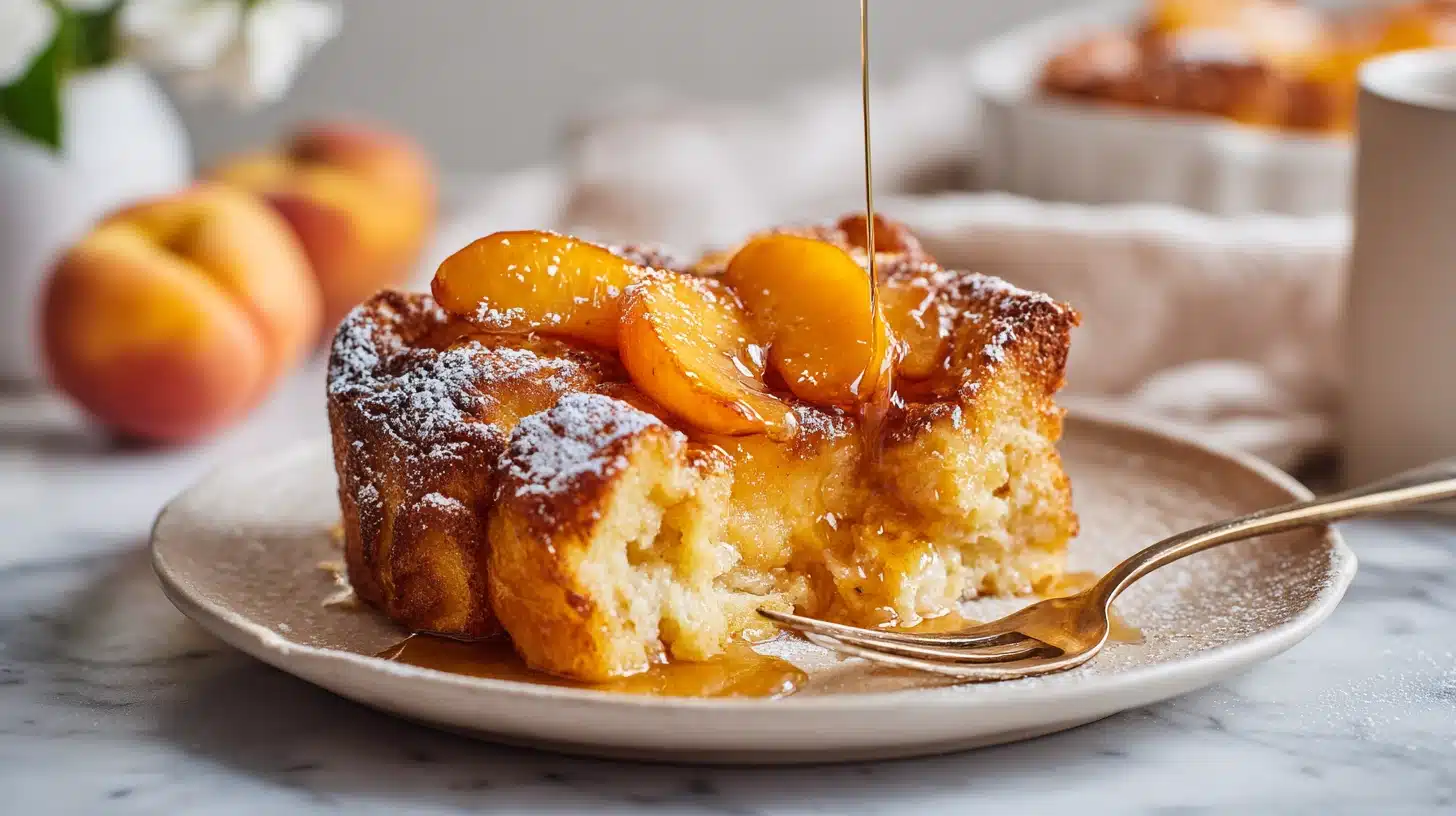 Peach French Toast Recipe: The Overnight Casserole That Wows Every Time 26 Peach french toast recipe baked golden in a white ceramic dish with caramelized peaches