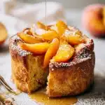 A golden peach french toast casserole with caramelized peach slices, powdered sugar, and syrup drizzle, a fork cutting into soft brioche.