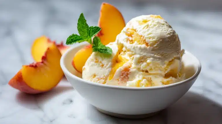 Homemade peach ice cream scooped into a white ceramic bowl with honey drizzle
