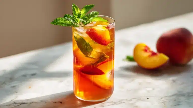 A glass pitcher of homemade peach iced tea garnished with fresh peaches and mint