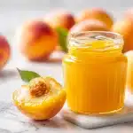 Homemade peach jam in sealed half-pint jars on a rustic wood board
