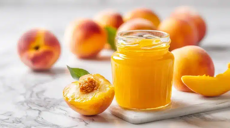 Homemade peach jam in sealed half-pint jars on a rustic wood board