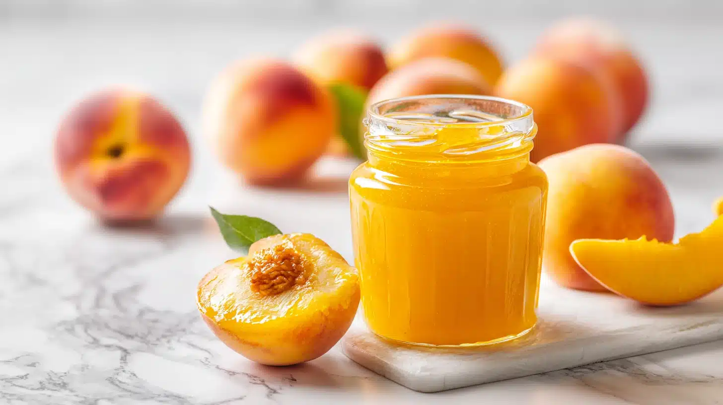 Homemade Peach Jam: Sunshine in a Jar All Year Long 20 Homemade peach jam in sealed half-pint jars on a rustic wood board