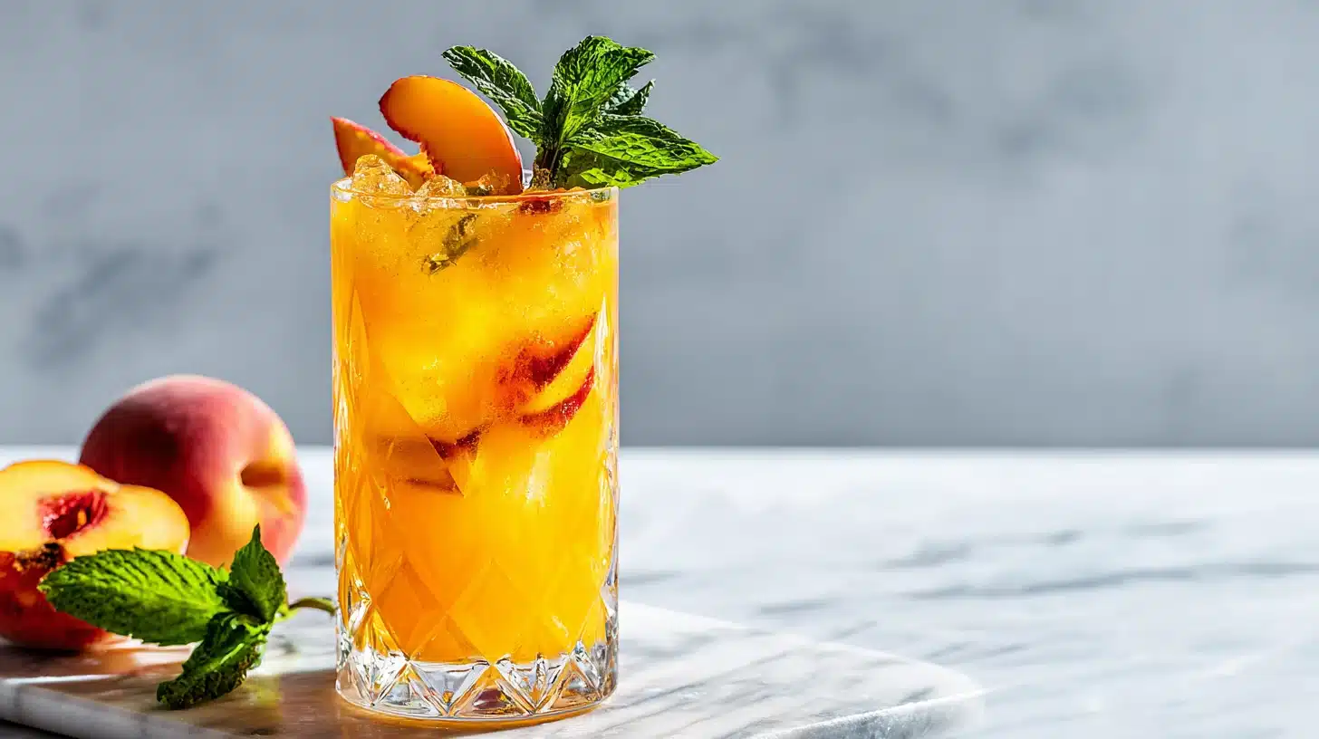Fresh Peach Lemonade That Tastes Like Summer in a Glass 20 Pitcher of fresh peach lemonade with ice, peach slices, and mint garnish