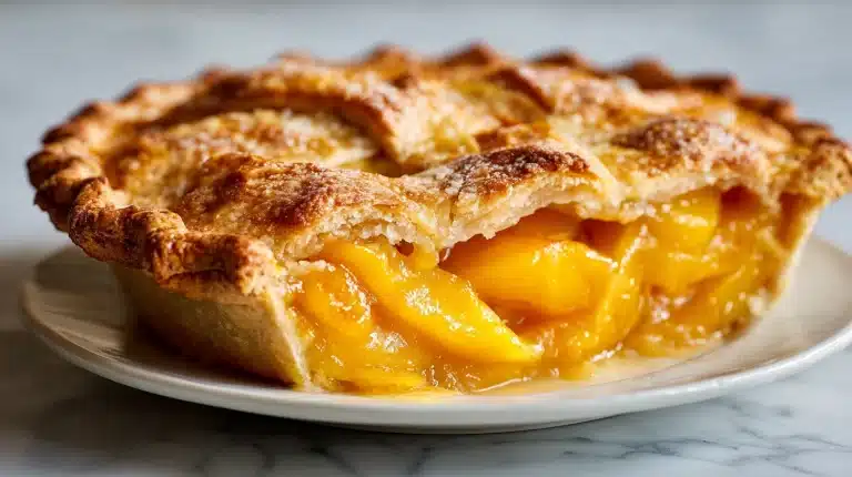 Golden homemade peach pie with double crust and crimped edges on rustic wood