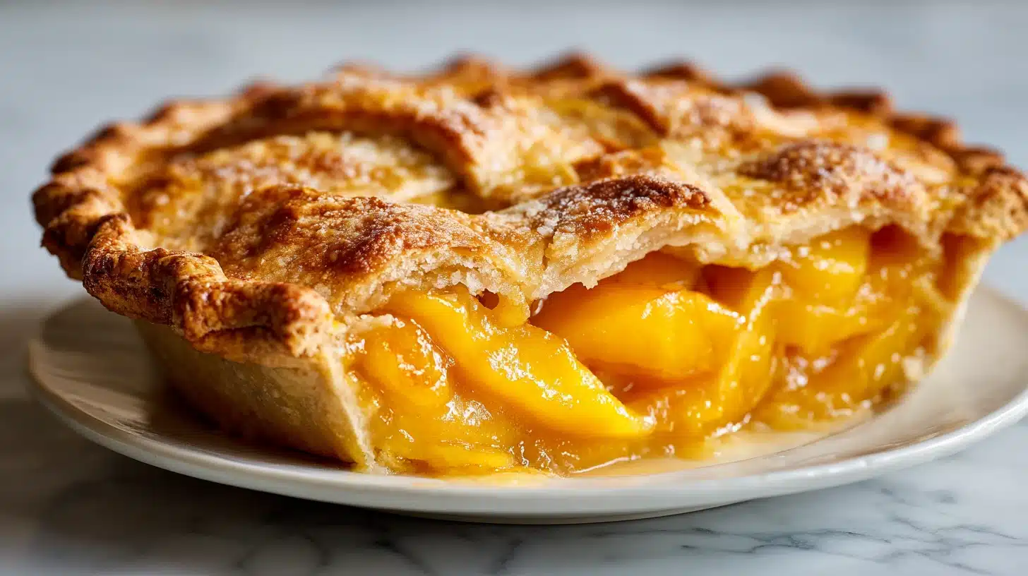 The Best Homemade Peach Pie (Juicy Filling, Flaky Crust, Zero Soggy Bottom) 31 Golden homemade peach pie with double crust and crimped edges on rustic wood