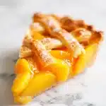A slice of juicy peach pie with a glistening golden lattice crust, syrupy vibrant orange-yellow peaches oozing out, resting on a white ceramic plate.