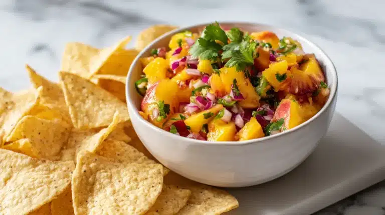 Homemade peach salsa in a white ceramic bowl with lime and cilantro