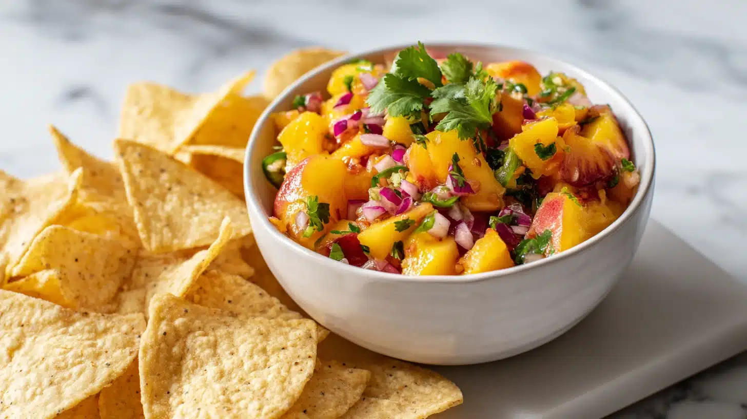 Fresh Peach Salsa That Beats Every Jarred Version on the Shelf 19 Homemade peach salsa in a white ceramic bowl with lime and cilantro