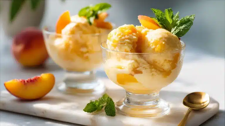 Peach sherbet punch recipe in a glass bowl with peach slices and mint
