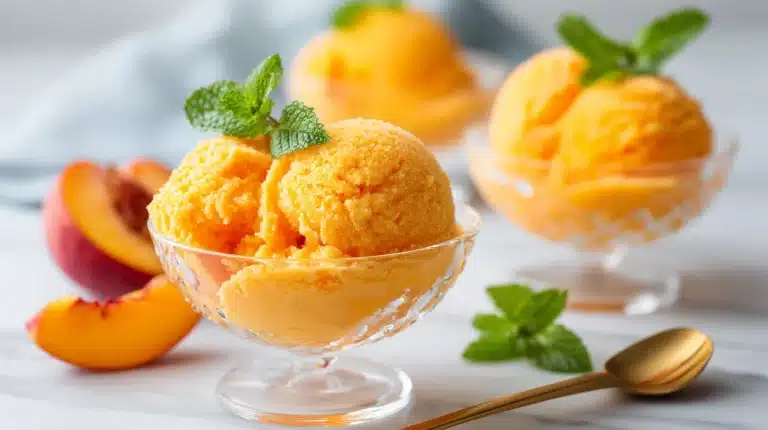 Three scoops of homemade peach sorbet in a white bowl with mint and fresh peach slice