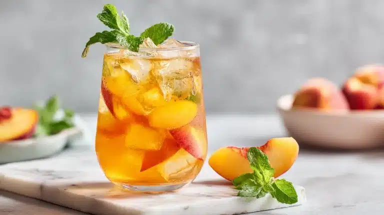 Homemade peach tea in a glass pitcher with fresh peaches and mint