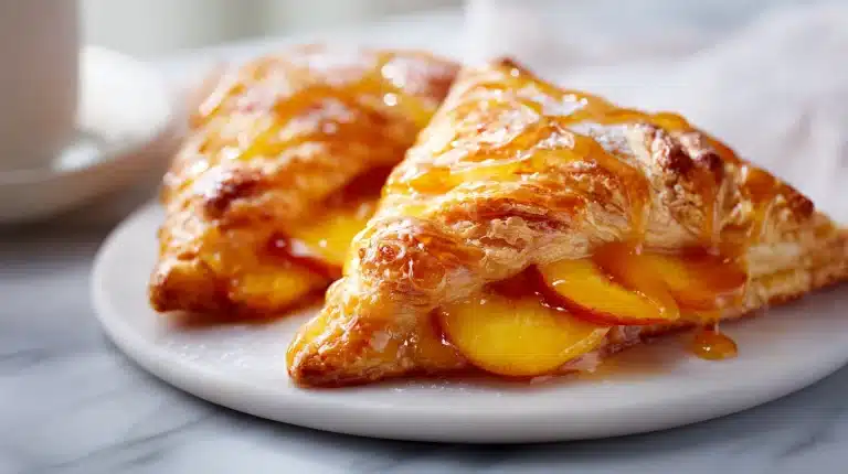 Peach turnover filling recipe with golden flaky puff pastry on a white plate