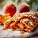 A close-up of a golden, jammy peach turnover filling spilling out of flaky puff pastry, with fresh peach slices and a glossy sweet glaze on a rustic plate.