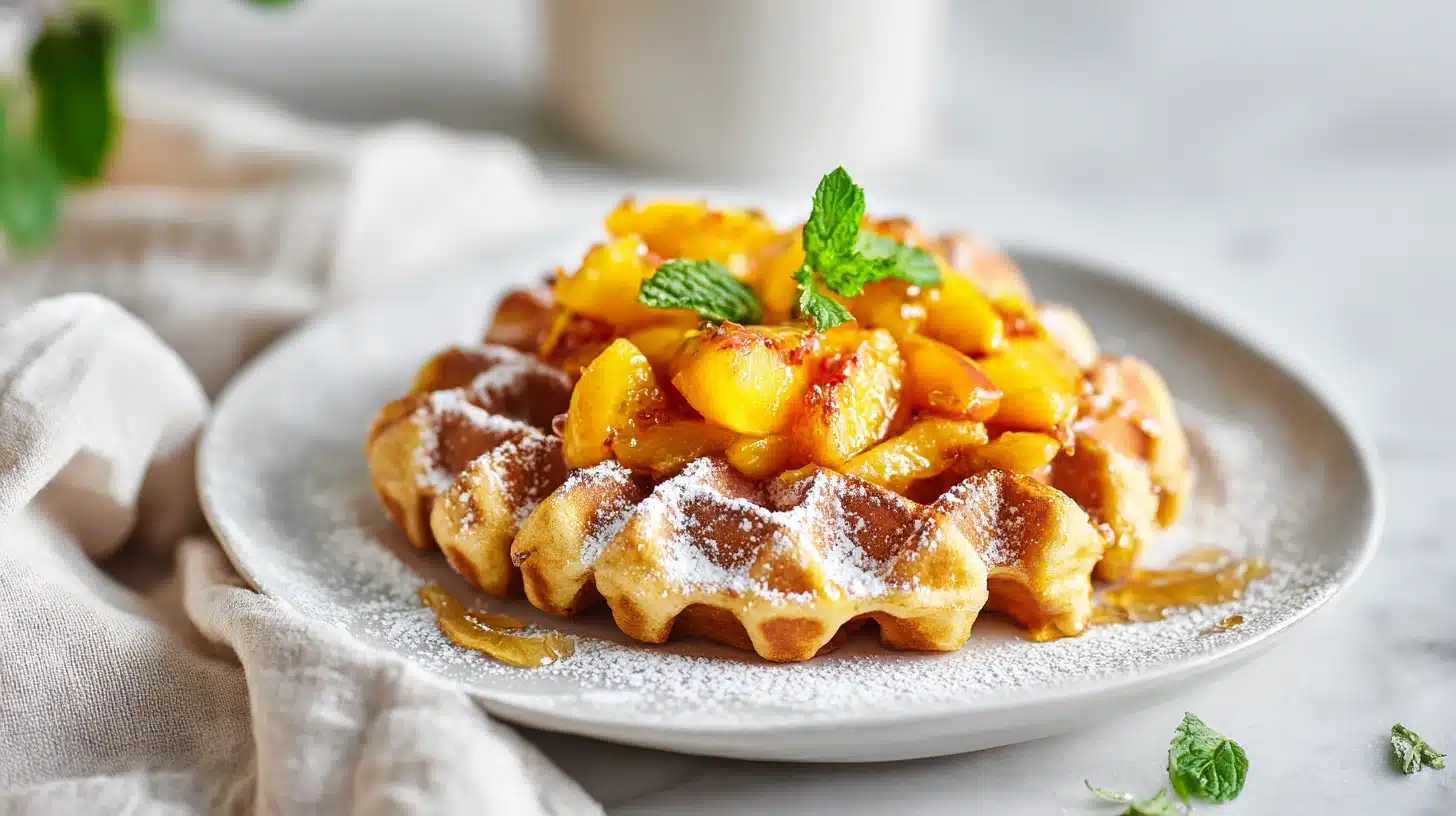 The Peach Waffle Recipe That Turns Summer Mornings Into Something Worth Waking Up For 33 Peach waffle recipe stack with macerated peaches, whipped cream, and maple syrup