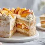Peaches and cream cake on a white stand with fresh peach slices and whipped cream