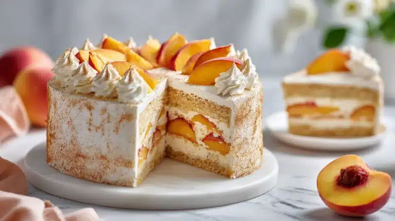 Peaches and cream cake on a white stand with fresh peach slices and whipped cream