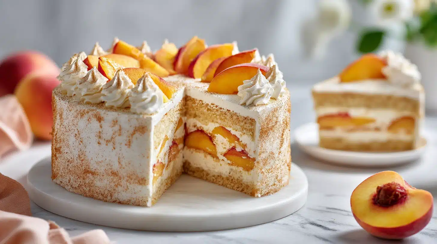Peaches and Cream Cake: Fresh, Dreamy, and Worth Every Slice 31 Peaches and cream cake on a white stand with fresh peach slices and whipped cream