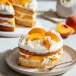 Slice of peaches and cream cake with fresh peach slices, cream cheese filling, and cinnamon sugar on a white plate.