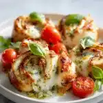 Golden baked pesto chicken rolls oozing mozzarella wrapped in prosciutto, with fresh basil and cherry tomatoes on a white plate.