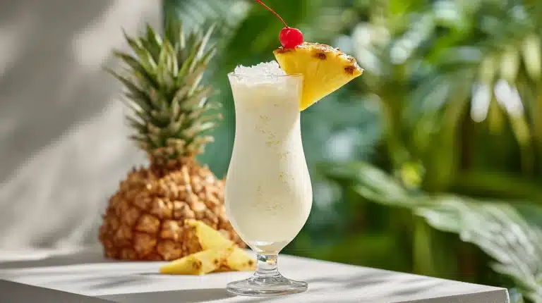 Classic pina colada in a Hurricane glass with pineapple wedge and cherry garnish