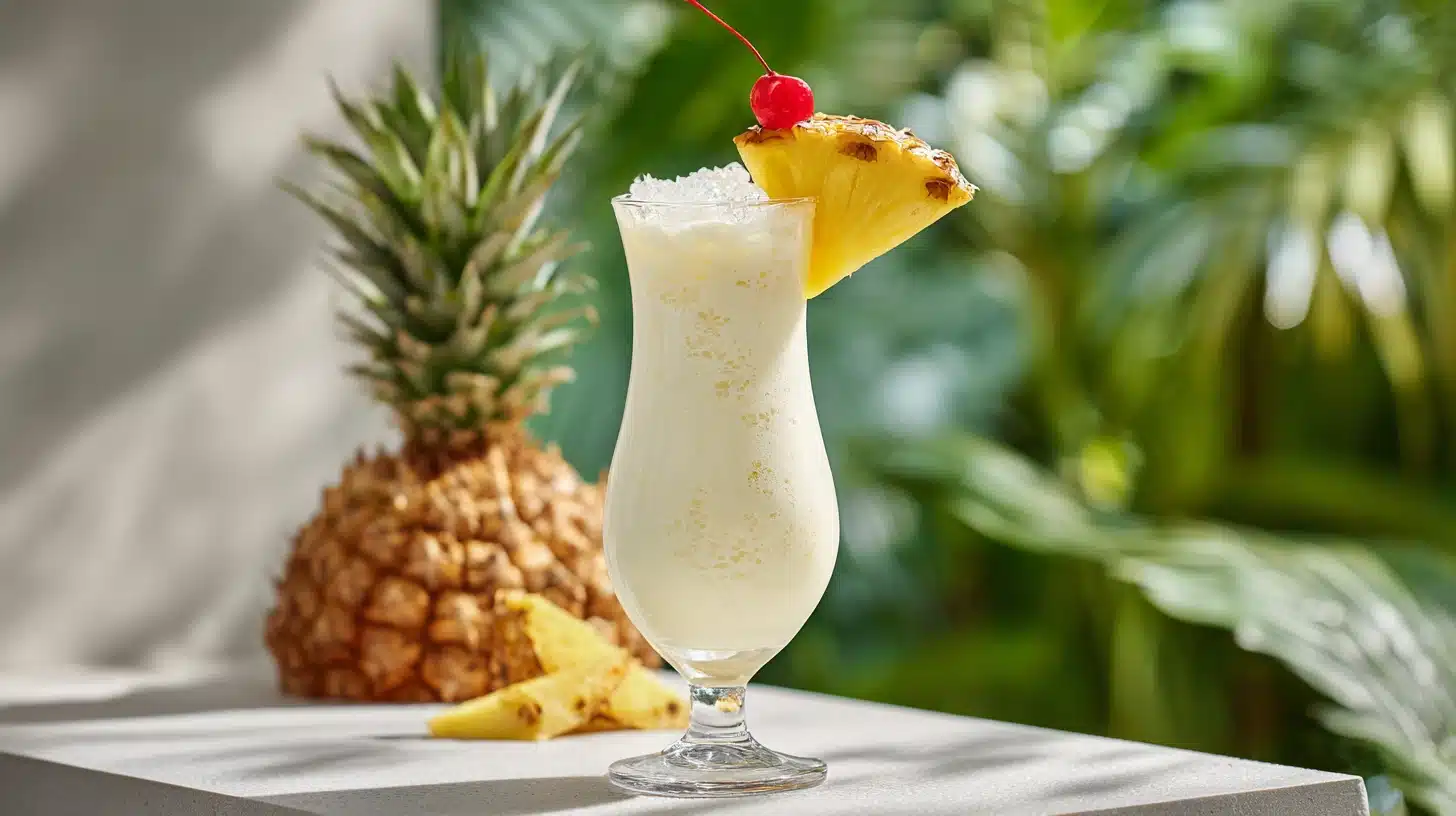 The Classic Pina Colada: Creamy, Tropical, and Ready in 4 Minutes 19 Classic pina colada in a Hurricane glass with pineapple wedge and cherry garnish