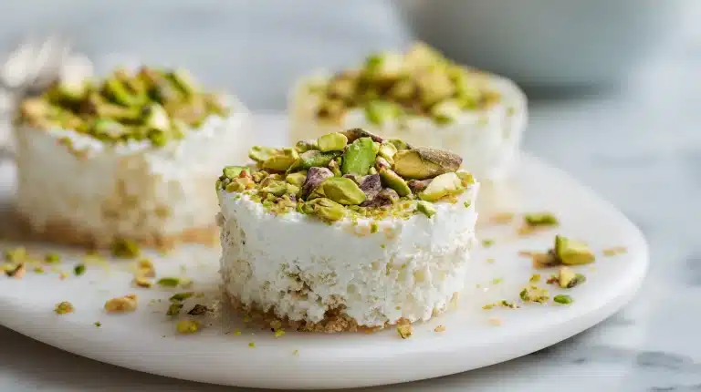 A small bowl of shelled pistachios as a pistachio bedtime snack on a dark wood surface