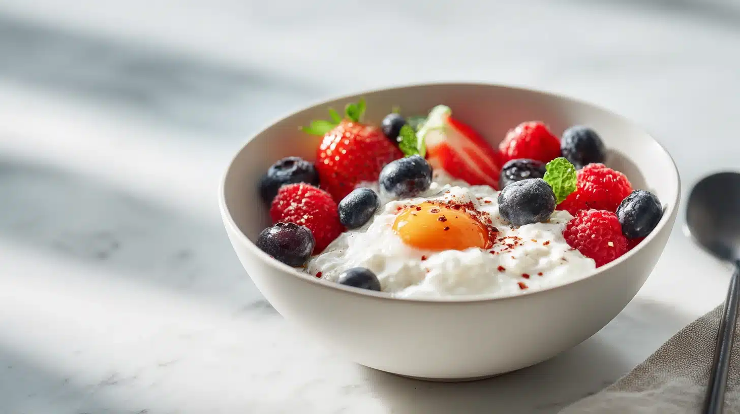 The 5-Minute Probiotic Yogurt Breakfast Bowl That Actually Keeps You Full 23 Probiotic yogurt breakfast bowl topped with berries, banana, granola, and almond butter