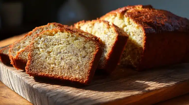 Moist homemade protein banana bread slices on a rustic wooden board.
