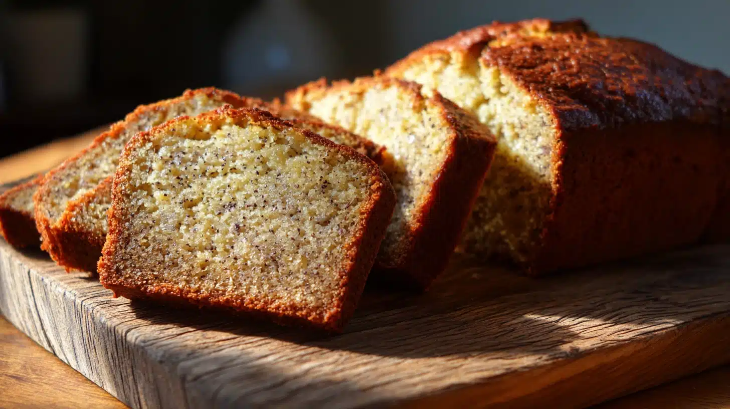 55-Minute Protein Banana Bread That’s Actually Moist and High-Protein 18 Moist homemade protein banana bread slices on a rustic wooden board.