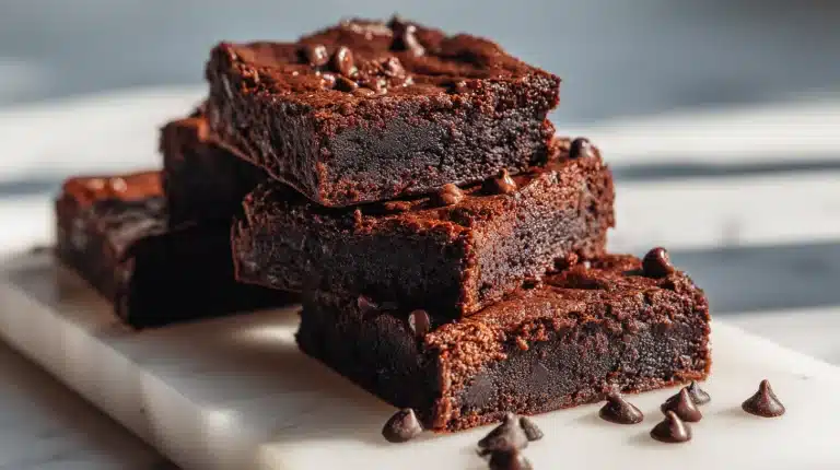 A single square of fudgy protein brownies topped with melted chocolate chips and cocoa dust