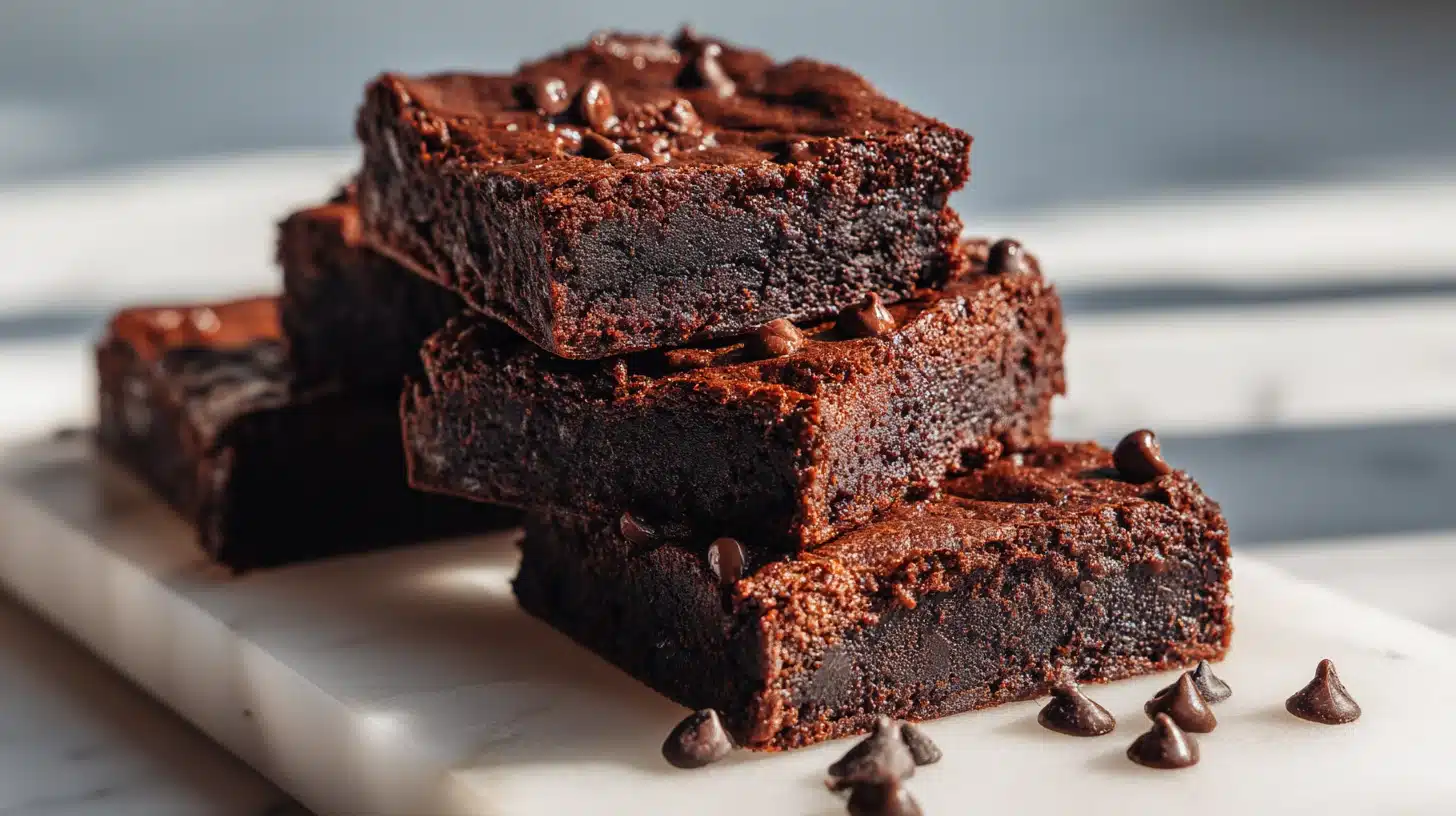 Fudgy Protein Brownies That Actually Taste Like Brownies 21 A single square of fudgy protein brownies topped with melted chocolate chips and cocoa dust